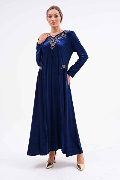 EL jadida Kadın Nakışlı Büyük Beden Kadife Abiye Elbise