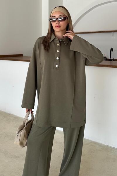 Olcay Shirt Collar Premium Knitted Fabric Tunic Pants Set Khaki 9374-Tk