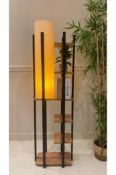 Turkish Home Large floor lamp with decorative and storage shelves - black and brown - 150 cm