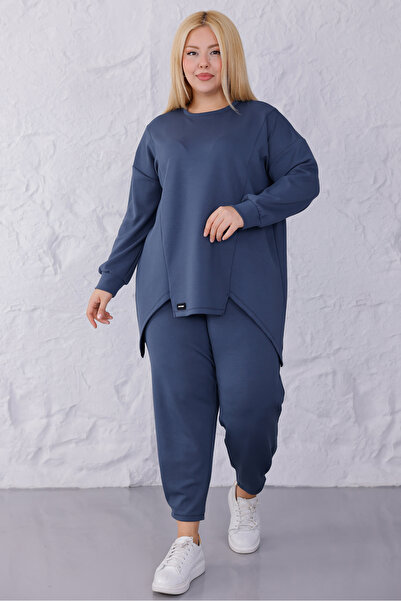 MAG FASHİON Mărime mare set Pantaloni antracit cu poziție asimetrică a corpului, cu detaliu de pliuri la picioare, țesătură Oshho