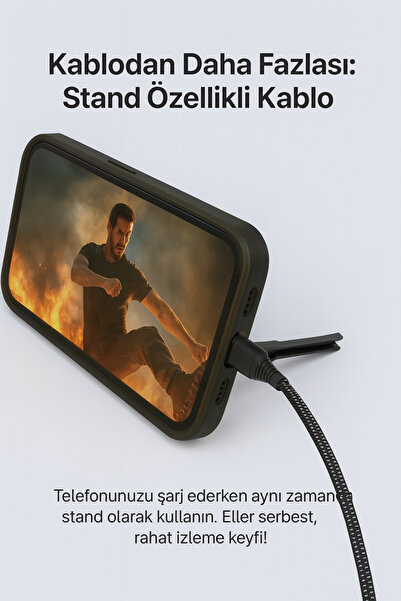 Tech&bello accessories Type-c Lightning Standlı Koruyuculu Örgülü Hızlı Şarj Data Kablosu 1.2m Ba-02