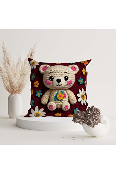 Sakallı Cute Teddy Bear Children's Room Themed Embroidery-Looking Digital Printed Decorative Set of 4 Throw Pillow Covers
