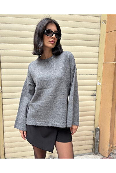 deqfashion سترة تريكو نسائية ذات ياقة دائرية كبيرة الحجم من أنثراسايت