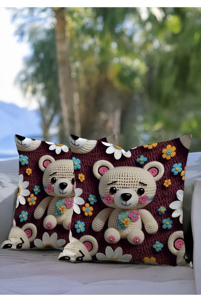Sakallı Cute Teddy Bear Children's Room Themed Embroidery-Looking Digital Printed Decorative Throw Pillow Cover
