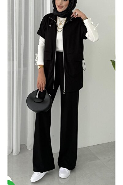 New Lune طقم نسائي مكون من سترة وبنطلون أسود مصنوع من القطن بنسبة 100% بقصة م...