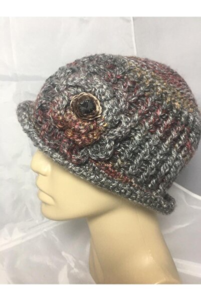 drt tasarım El Örgüsü Gri Kırçıllı Büyük Tığ Işi Çiçekli Kloş Şapka -