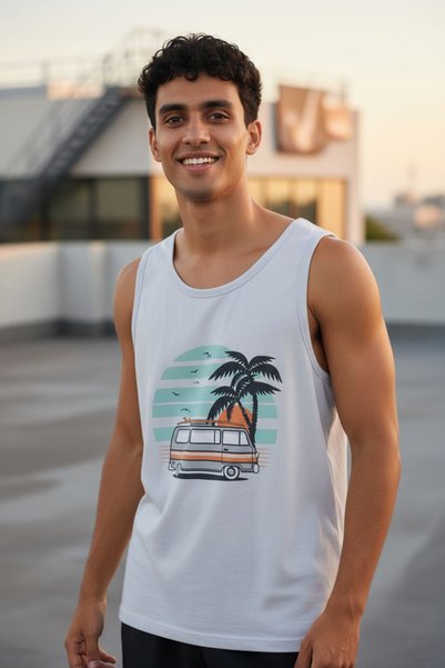 AHMERA Men's Regular Fit Crew Neck Sleeveless White Printed Basic T-Shirt