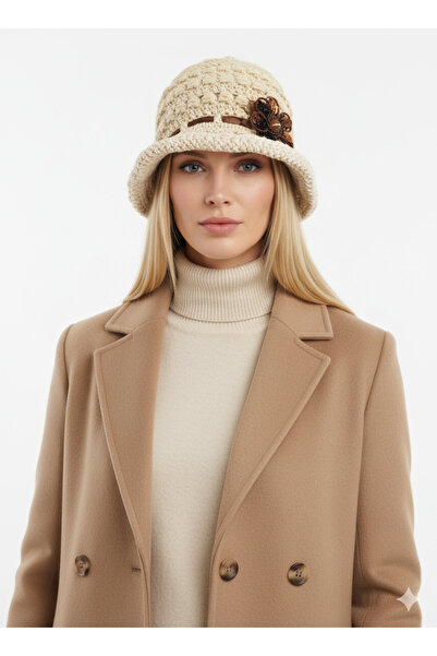 drt tasarım Brown Floral Applique Flared Hat