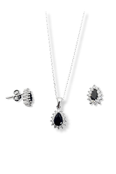 oya silver Minimal Oniks Taşlı Damla Gümüş Kadın Kolye Küpe Set