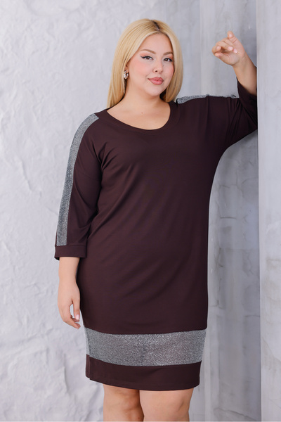 MAG FASHİON Plus Size Dress Brown Skirt Sleeve Glitter Dress Three Quarter Sleeve Viscose Fabric