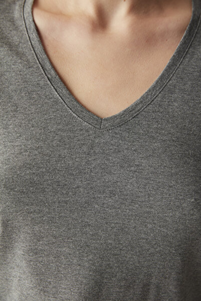 Penti V-Neck Basic Gray Melange Long Sleeve Top