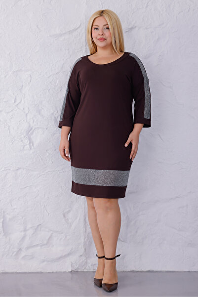 MAG FASHİON Plus Size Dress Brown Skirt Sleeve Glitter Dress Three Quarter Sleeve Viscose Fabric