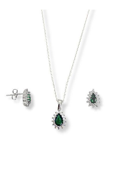 oya silver Minimal Zümrüt Taşlı Damla Gümüş Kadın Kolye Küpe Set