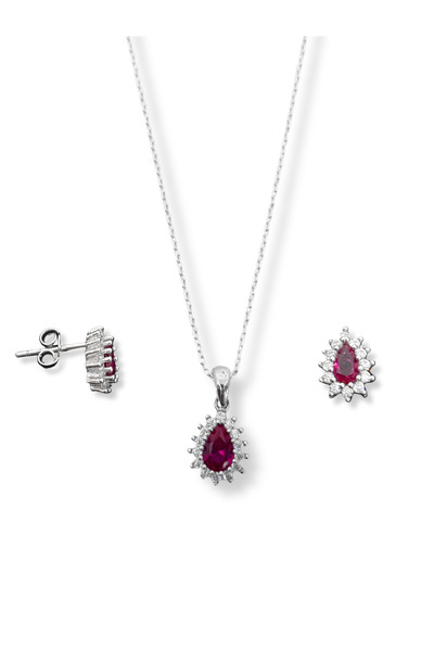 oya silver Minimal Beyaz Işıltı Çevrili Yakut Taşlı Damla Kadın Kolye Küpe Gü...