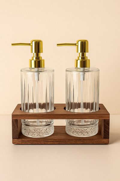 silvia home decor Suport din lemn, pachet de 2 sticle de săpun lichid din sti...