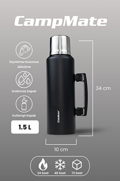 Cooker 1.5 Litre Çift Katlı Çelik Termos-24 Saat Sıcak, 48 Saat Soğuk, Kulplu (Kamp, Piknik, Ofis, Seyahat)