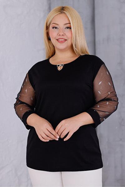 MAG FASHİON Plus Size Blouse Sleeves Lace Leaf Print 4 Seasons Tulle Detailed Stylish Blouse Plus Size