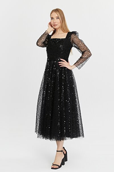 Asees Γυναικείο βραδινό φόρεμα με τετράγωνο λαιμόκοψη από ύφασμα τούλι με μαργαριταρένιες χάντρες από τούλι, κομψό και εκλεκτό βραδινό φόρεμα