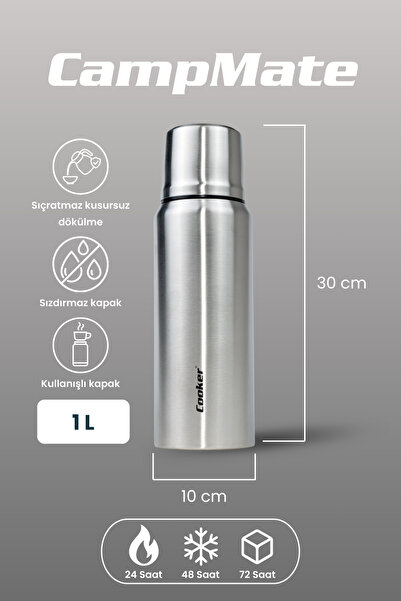 Cooker 1 Litre Çift Katlı Çelik Termos 24 Saat Sıcak, 48 Saat Soğuk,(Kamp, Piknik, Ofis, Seyahat)
