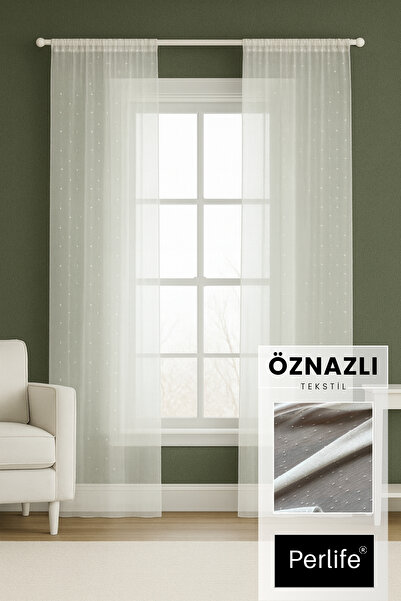 Perlife Gold ® Yağmur Damla Desenli Keten Bambu Tül Perde - Sık Pile | Tam Bo...