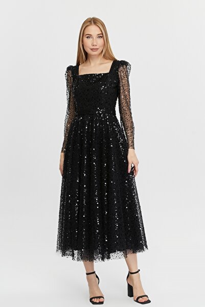 Asees Γυναικείο βραδινό φόρεμα με τετράγωνο λαιμόκοψη από ύφασμα τούλι με μαργαριταρένιες χάντρες από τούλι, κομψό και εκλεκτό βραδινό φόρεμα