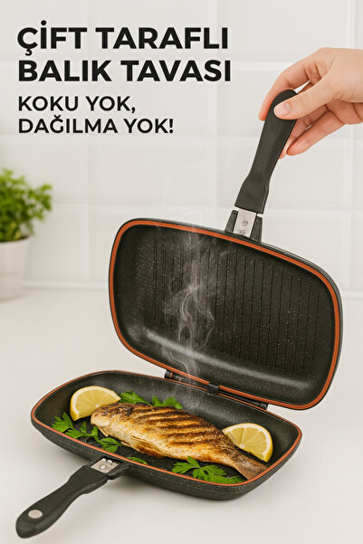 Özkent Granite Double Sided Twin Meat Fish Grill Pan 36 Cm