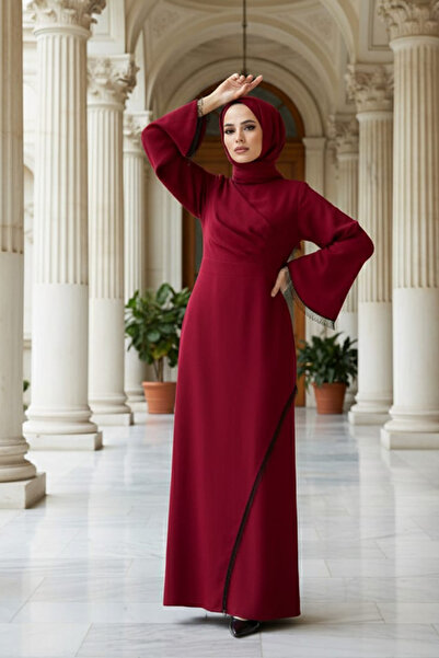 Neva Style Tassel Detailed Burgundy Hijab Evening Dress 33150Br