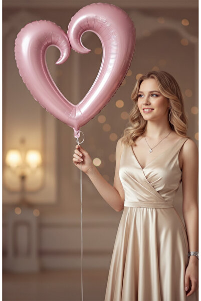 Parti dolabı Toz Pembe İçi Boş Kalp Şeklinde Folyo Balon, Kalpli Helyumla Uçan