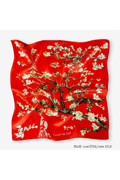 Galiga Van Gogh-almond Red %100 Ipek Fular 55x55cm 'art On Silk'