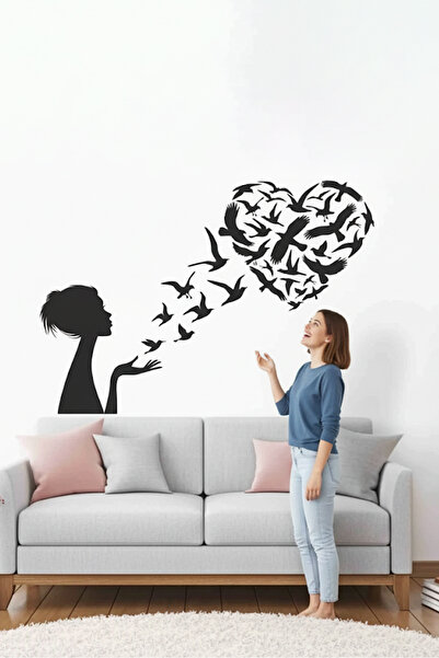 KT Decor صورة ظلية وطيور ملصق حائط نسائي حديث