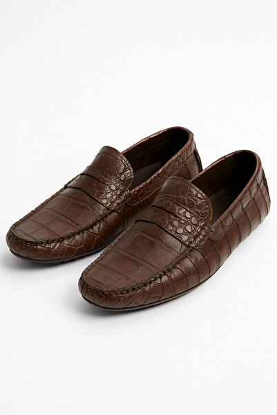 Deriderim Brown Crocodile Patterned Genuine Leather Men's Shoes