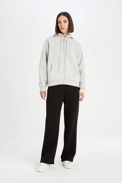 DeFacto Gri Okula Dönüş Relax Fit Kapüşonlu Kalın Basic Düz Cepli Fermuarlı Sweatshirt D8717AX24WN