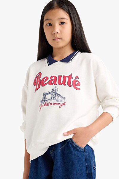 DeFacto Kız Çocuk Relax Fit Polo Yaka Baskılı Sweatshirt F2251A825AU