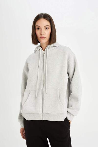 DeFacto Gri Okula Dönüş Relax Fit Kapüşonlu Kalın Basic Düz Cepli Fermuarlı Sweatshirt D8717AX24WN