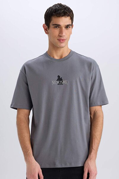 DeFacto Оверсайз широкий крій велосипедний комір з принтом на спині короткий рукав футболка C7162AX24SM