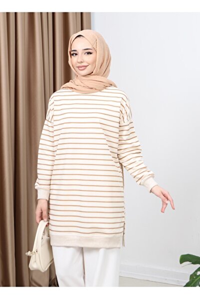 FABİMOD Women's Seasonal Loose Crew Neck Embroidered Striped Hijab Tunic Sports Model Seasonal Tunic