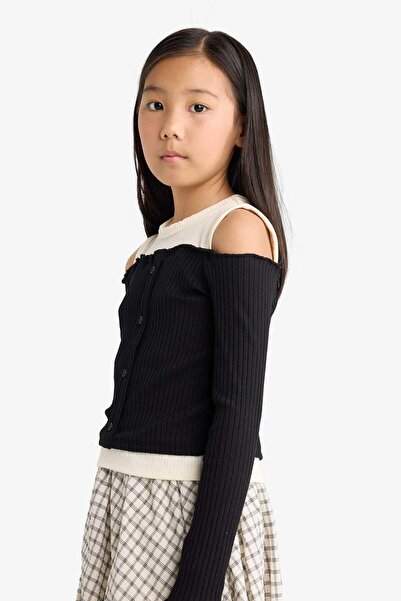 DeFacto Girls' Slim Fit Tight-Fitting Off-The-Shoulder Ribbed Camisole Long-Sleeved T-Shirt G1713A825Au