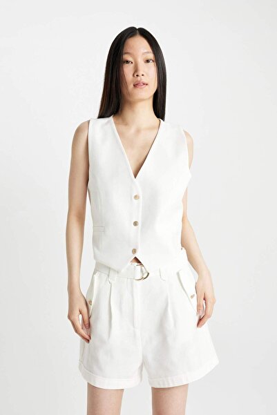 DeFacto Crop V Yaka Keten Karışımlı Blazer Yelek C7798AX24SM