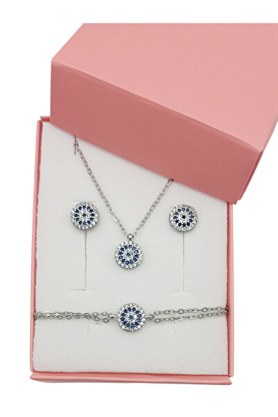 Bijuty Kadın Nazar Boncuğu Kolye Küpe Bileklik Set -Çelik Zincir Gümüş Renk