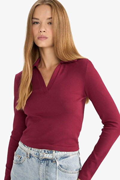 DeFacto Fitted Polo Neck Basic Plain Modal Long Sleeve T-Shirt E7938Ax25Au