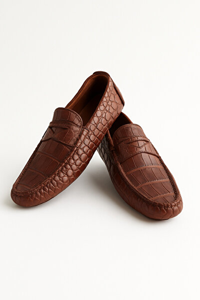 Deriderim حذاء رجالي من الجلد الطبيعي بنقشة جلد التمساح البني