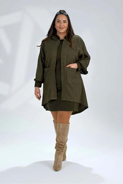 Roxxlen Γυναικεία ζακέτα μεγάλου μεγέθους με γούνινο λαιμόκοψη πράσινη