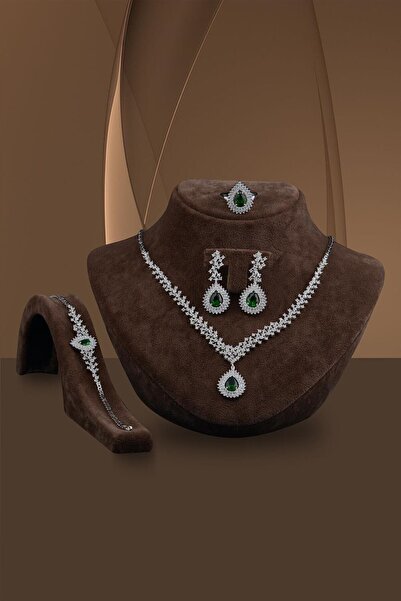 OSMANLI GÜMÜŞ Çise Zümrüt Taşlı Gümüş Su Yolu Set - Kolye, Bileklik, Küpe, Yüzük Işıklı Kutuda