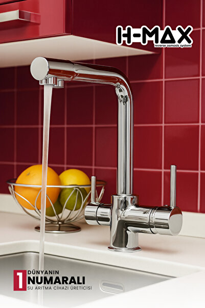 PLUSKIT Su Arıtma Cihazı Için Lüx 3 Yollu Arıtmalı Musluk Batarya (Gümüş L Ba...