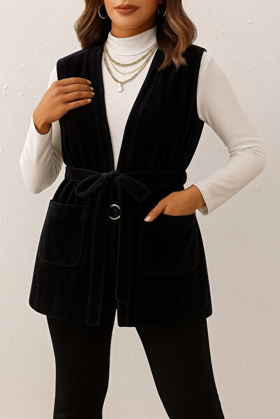 Gül Kadife Dokulu Dikey Çizgili Kuşaklı Cepli Yelek – Şık ve Rahat Tasarım