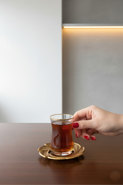 DECOSTYLE PAŞABAHÇE HEYBELİ LEAFY MODEL EL DEKORU KESME MAT GOLD DETAYLI 12 PARÇA ÇAY TAKIMI