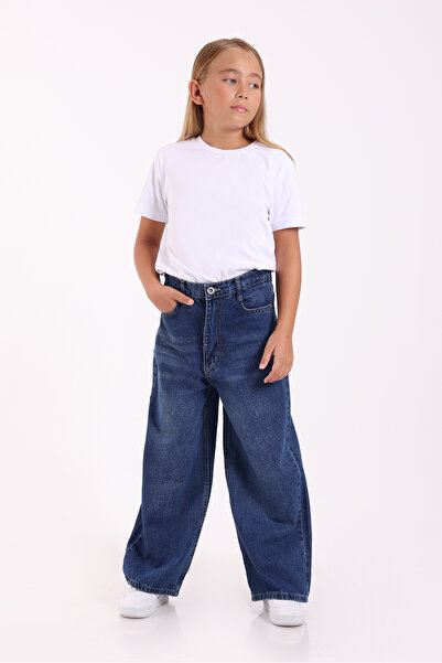 Pafim Kız Çocuk Rahat Kalıp Kot Pantolon,Beli Lastikli Bol Paça Pantolon Wide Leg 8-15 Yaş