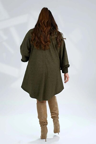 Roxxlen Γυναικεία ζακέτα μεγάλου μεγέθους με γούνινο λαιμόκοψη πράσινη