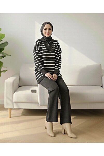 Modamorfo Рибальський комір на блискавці, смугастий трикотажний комплект - антрацит