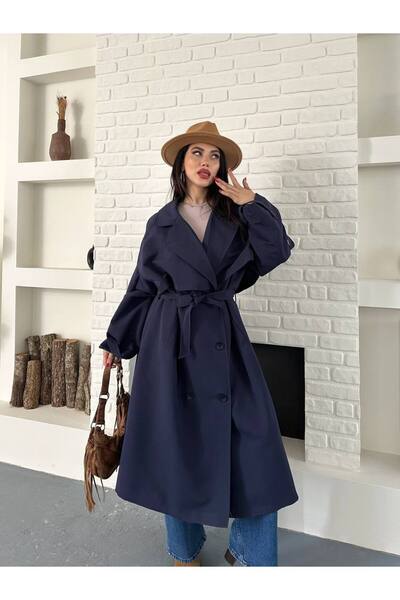ZF BUTİK Button Detailed Belted Long Trench Coat